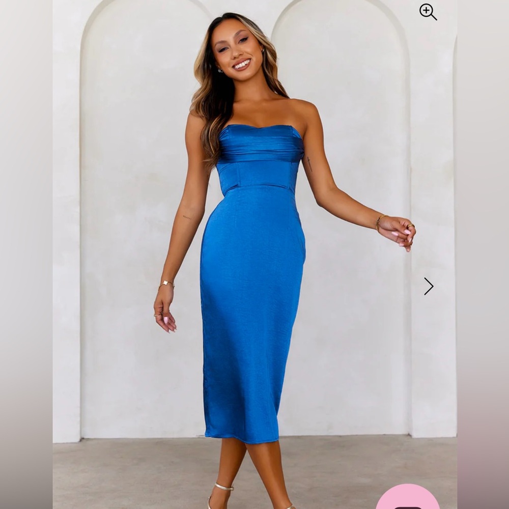 DAZZLING DEBUTANTE STRAPLESS SATIN MIDI DRESS BLUE